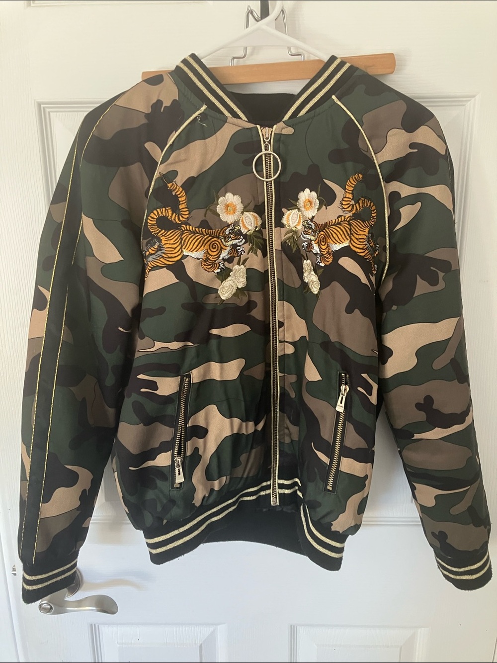 Elli White Camouflage Zip-Up Bomber Jacket - Green/Beige